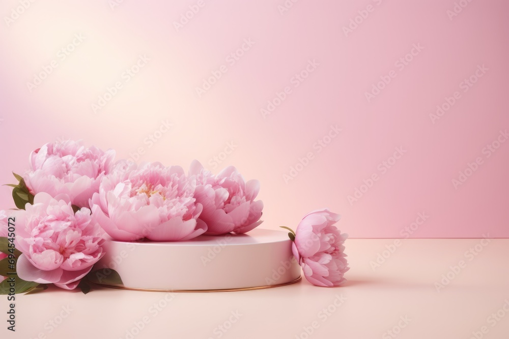 Product podium with pink peonies in spring pastel colors for product presentation. Mockup for branding, packaging - obrazy, fototapety, plakaty 