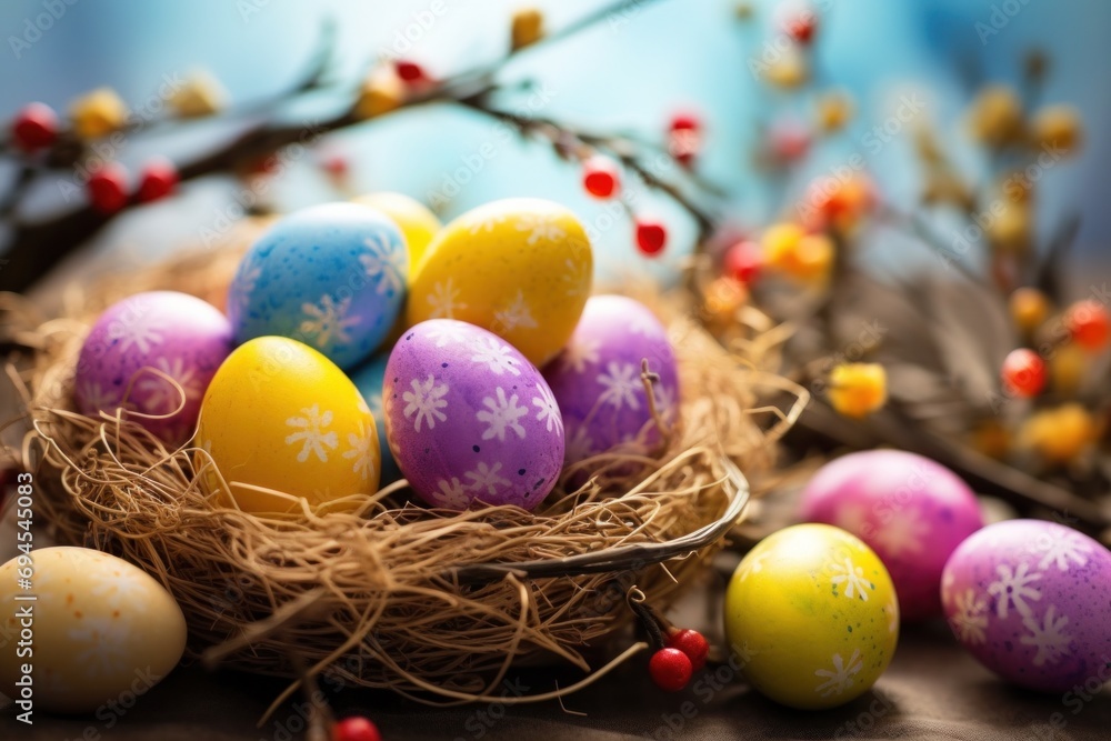 Easter background with lively colors, decorated eggs, and room for festive greetings