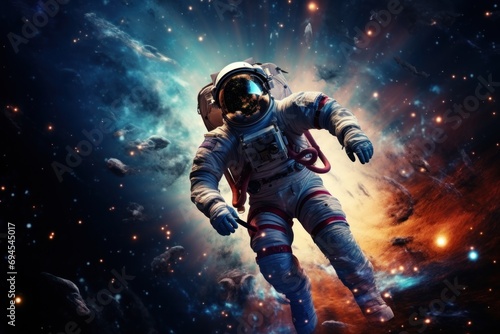 Astronaut in vivid cosmic background, floating among stars