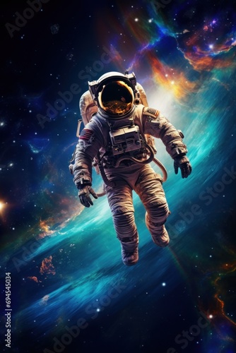 Astronaut in vivid cosmic background, floating among stars