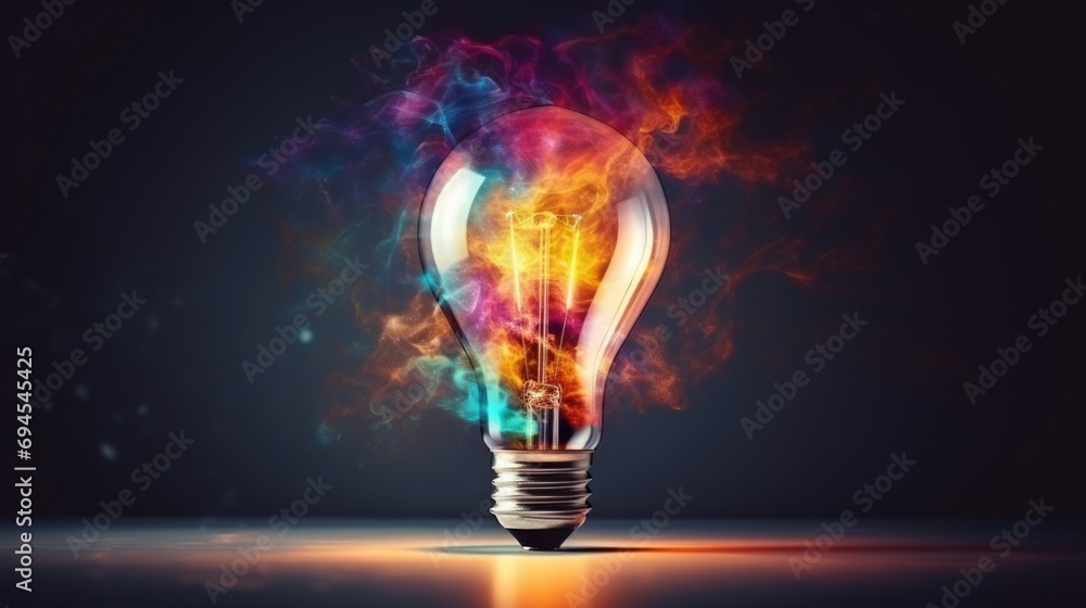 Glowing light bulb on dark background with colorful smoke concept. AI generated image - obrazy, fototapety, plakaty 