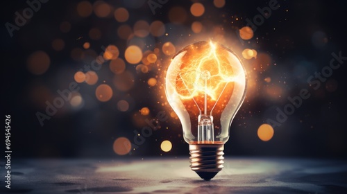 Glowing light bulb on bokeh background. 3d rendering, AI generated