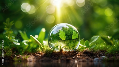 Glass globe with green grass and bokeh background. Ecology concept, AI generated