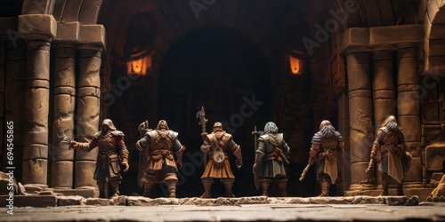  Back View of a Group of Armed Miniature Plastic Figures, Heroes Stand Before a Wooden Evil Dungeon Door, Dungeon & Dragons, Let the Dungeon Raid Begin