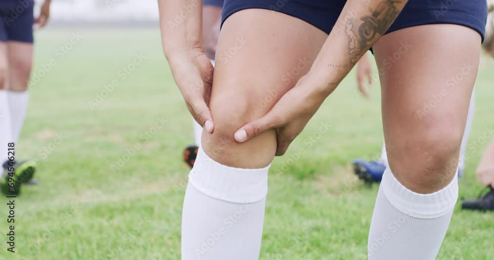 Closeup, rugby and woman with knee pain, player and injury on field in sports training, accident or workout game emergency. Person, outdoor and competition with athlete, muscle tension and strain Closeup, rugby and woman with knee pain, player and injury on field in sports training, accident or workout game emergency. Person, outdoor and competition with athlete, muscle tension and strain