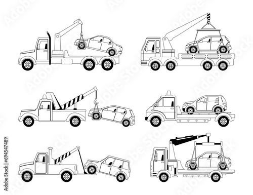 Set Of Vector Linear Icons Of Tow Trucks Haul Away Cars From Improper Parking To The Penalty Area, Parking Regulations