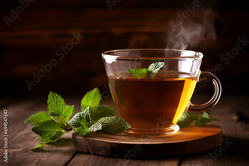 Steaming cup of tea adorned with fresh mint leaves.