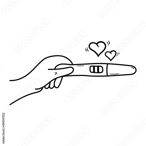 Hand hold pregnancy test vector icon in doodle style. Symbol in simple design. Cartoon object hand drawn isolated on white background.