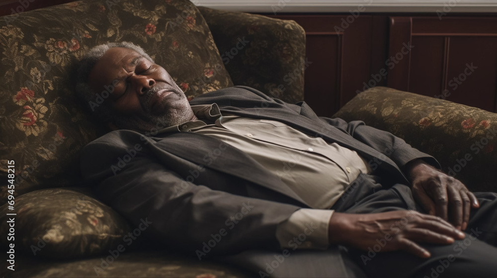 Fototapeta premium copy space, elderly black man taking a nap on a pillow on background. National Napping Day. retired black man resting while tired. Peaceful scene.
