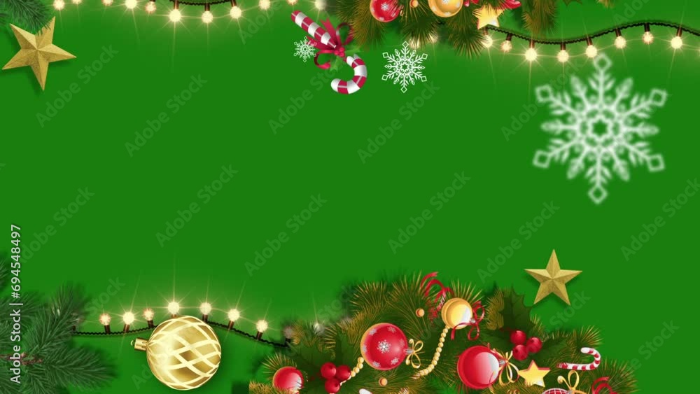Christmas Ball and Pine Tree Frame on Green Background - Animated Christmas Frame with Key Color, Color Key Effect Christmas Ball and Pine Tree Frame on Green Background - Animated Christmas Frame with Key Color, Color Key Effect
