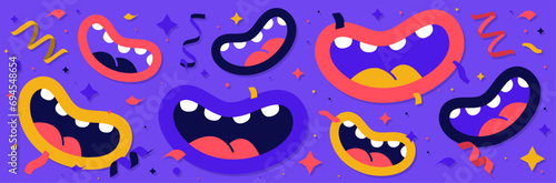 Sourires colorés et festifs - Bouches humoristiques et abstraites qui sourient - Cotillons, confettis et ambiance optimiste et drôle - Violet, jaune, rose et bleu, contenu éditable vif 