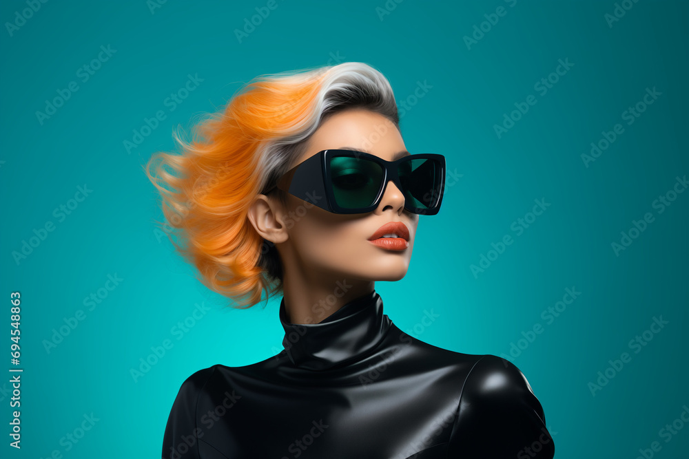 A woman with orange hair, sunglasses, and a black outfit. A woman with orange hair, sunglasses, and a black outfit.