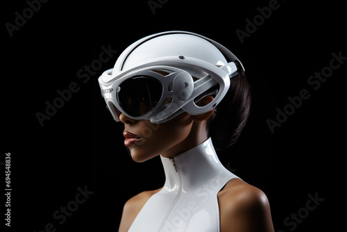 A woman in a futuristic white outfit and goggles. © Positive Click