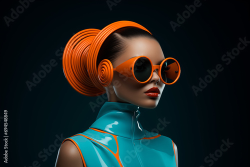 A woman wearing orange sunglasses and a blue suit, in the style of retro-futuristic cyberpunk.