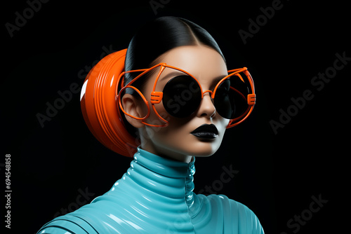 A woman in a futuristic outfit wearing black and orange sunglasses.