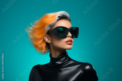  A woman with orange hair, sunglasses, and a black outfit.