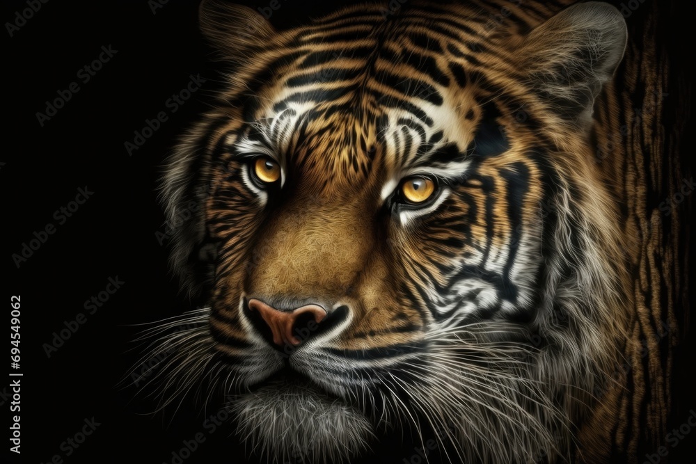 Close-up of tiger's face on a black background