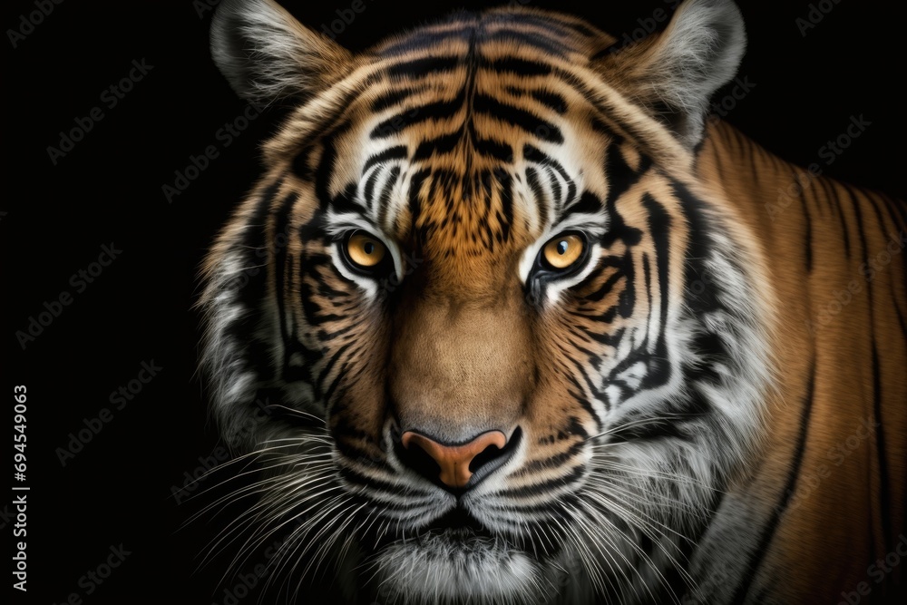 Close up of the face of a tiger on a black background