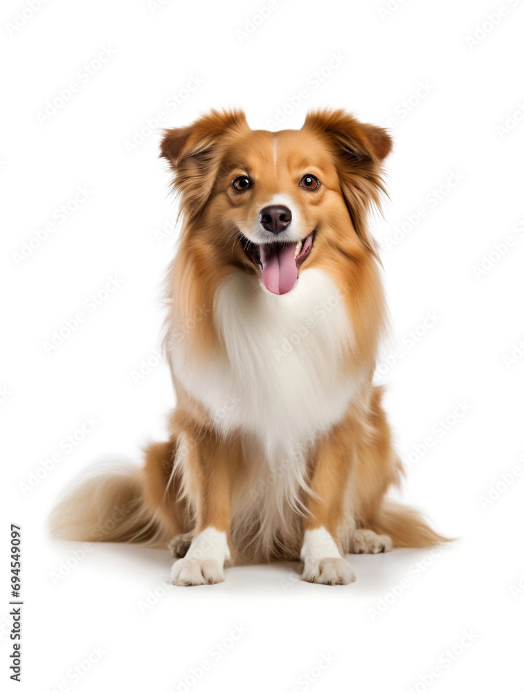 Sad sitting dog, tearful, small orange fluffy dog on isolated background, animals, pet, hungry, playing, asking for food, puppy.