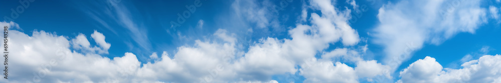 Obraz premium Panoramic view of a blue sky with white fluffy clouds as the backdrop.