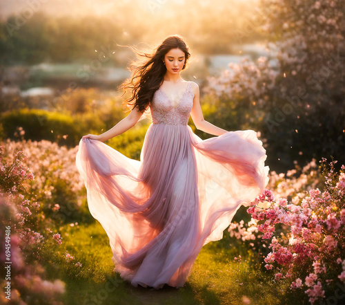 A fabulously attractive woman in a luxurious pink dress strolls through a blooming garden