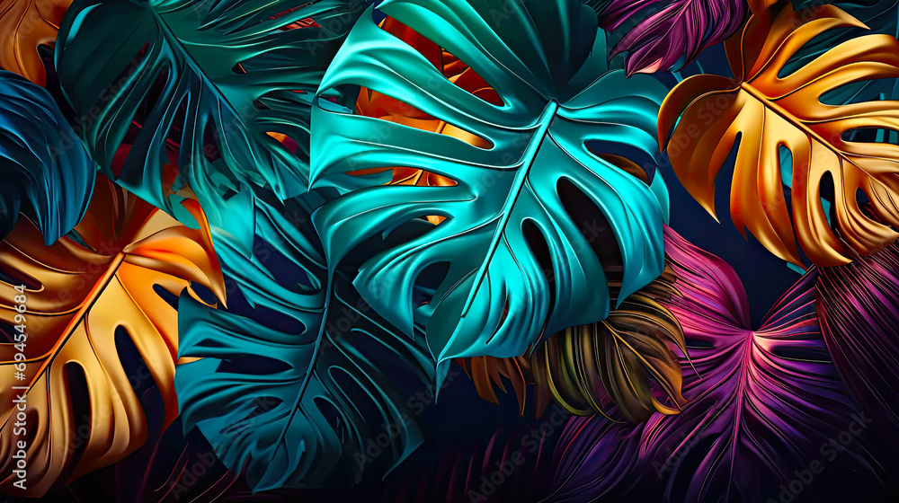 Multicolored leaves of tropical monstera plant background. Postproducted generative AI illustration. - obrazy, fototapety, plakaty 