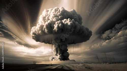 Terrible explosion of a nuclear bomb with a mushroom photo