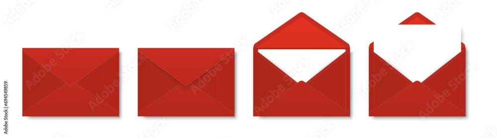 Vector Red Envelopes with Blank Letter. Folded, Unfolded Isolated Envelope Set. Design Template. Message, Notification, Mailing, Surprise and Congratulations Concept Vector Red Envelopes with Blank Letter. Folded, Unfolded Isolated Envelope Set. Design Template. Message, Notification, Mailing, Surprise and Congratulations Concept