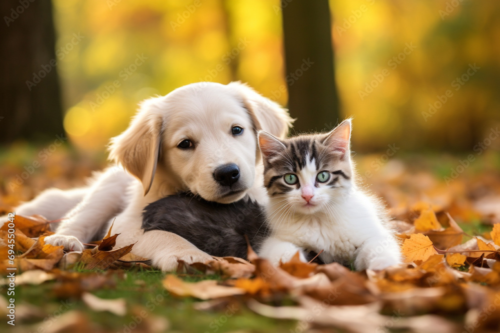 An image photo of a puppy and kitten cuddling together in a park, a high-quality photo with a bright park in the background and a blurred background
