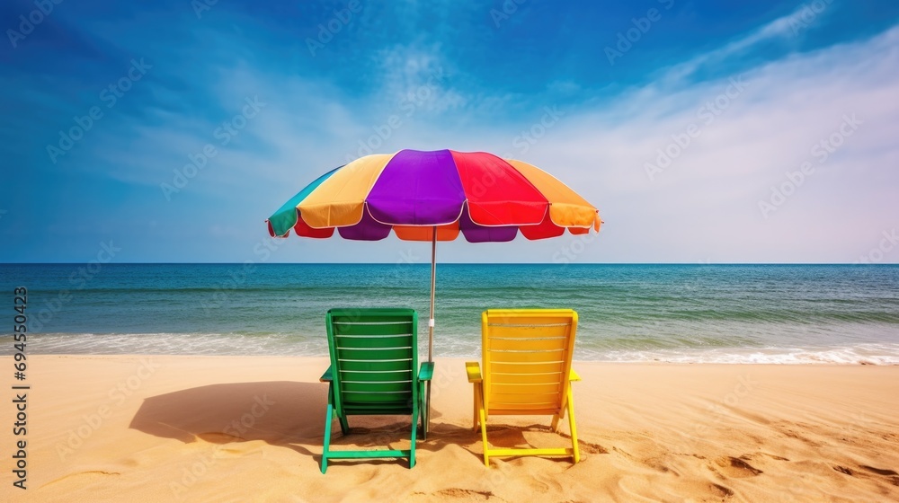Two empty seats under a multicolored rainbow umbrella stand on a sandy beach against the background of beautiful blue sea Two empty seats under a multicolored rainbow umbrella stand on a sandy beach against the background of beautiful blue sea