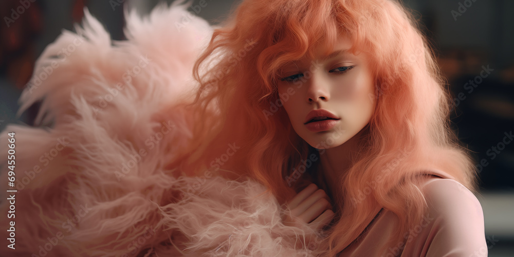 Peach Fuzz Modern fashion concept. Portrait of Beautiful young woman with Place for text. Social media post, banner, header, cover, flyer, brochure, invitation, greeting card. Generative Ai content
