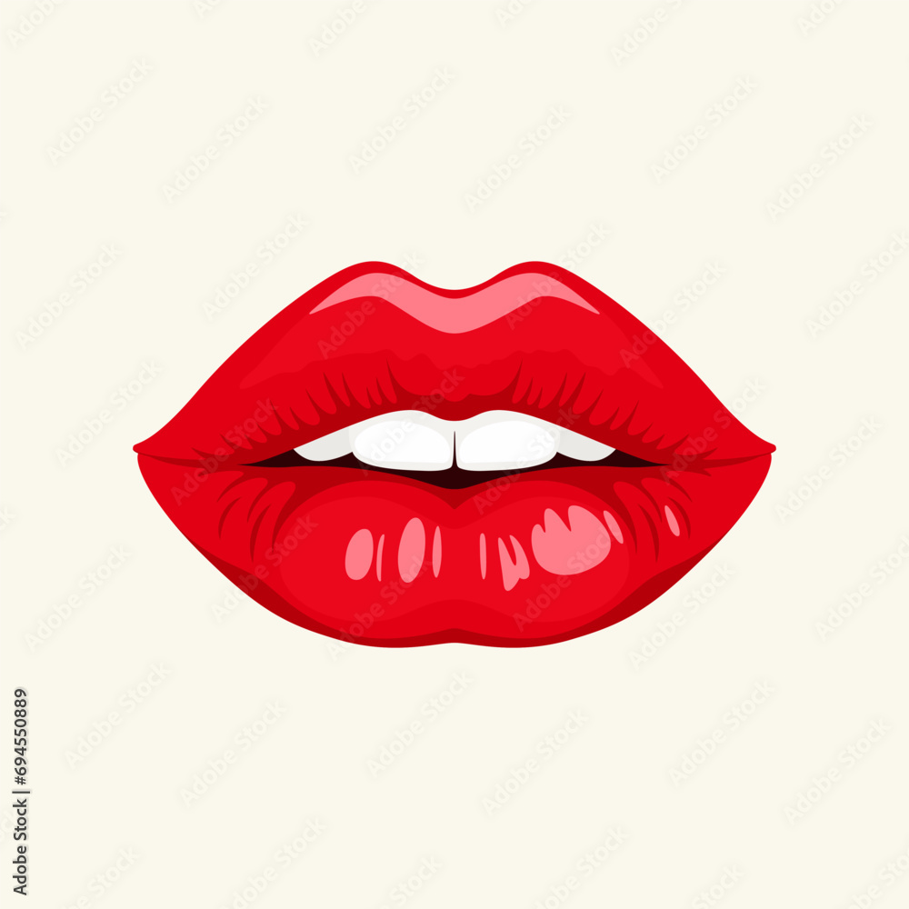 Flat Vector Red Female Lips Icon Closeup. Woman Lips Giving Kisses. Kiss, Love, Sexy and Beauty Concept. Modern Pop Art Cartoon Comic Style, Simple Design Flat Vector Red Female Lips Icon Closeup. Woman Lips Giving Kisses. Kiss, Love, Sexy and Beauty Concept. Modern Pop Art Cartoon Comic Style, Simple Design