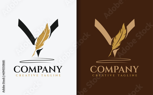 Initial Letter V Logo Design Combined with Golden Feather Pen Symbol Concept.