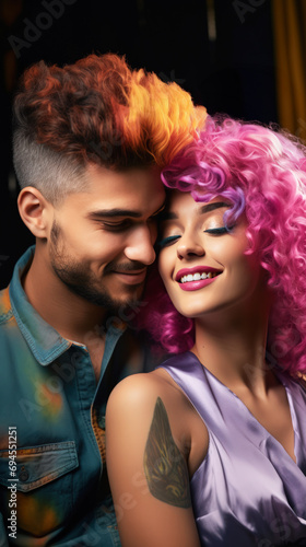A couple with dyed hair and tattoos in a close and affectionate embrace. Woman wearing a pink wig.
