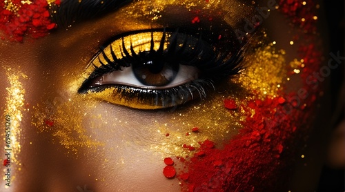 Gold glitter makeup, dazzlingly vibrant and irresistibly shimmering against a deep, sparkling redre background photo