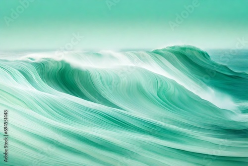 Waves sculpted in shades of soft jade and aquamarine against a background of gentle sky blues and muted greens, reflecting the soothing whispers of a gentle sea breeze.