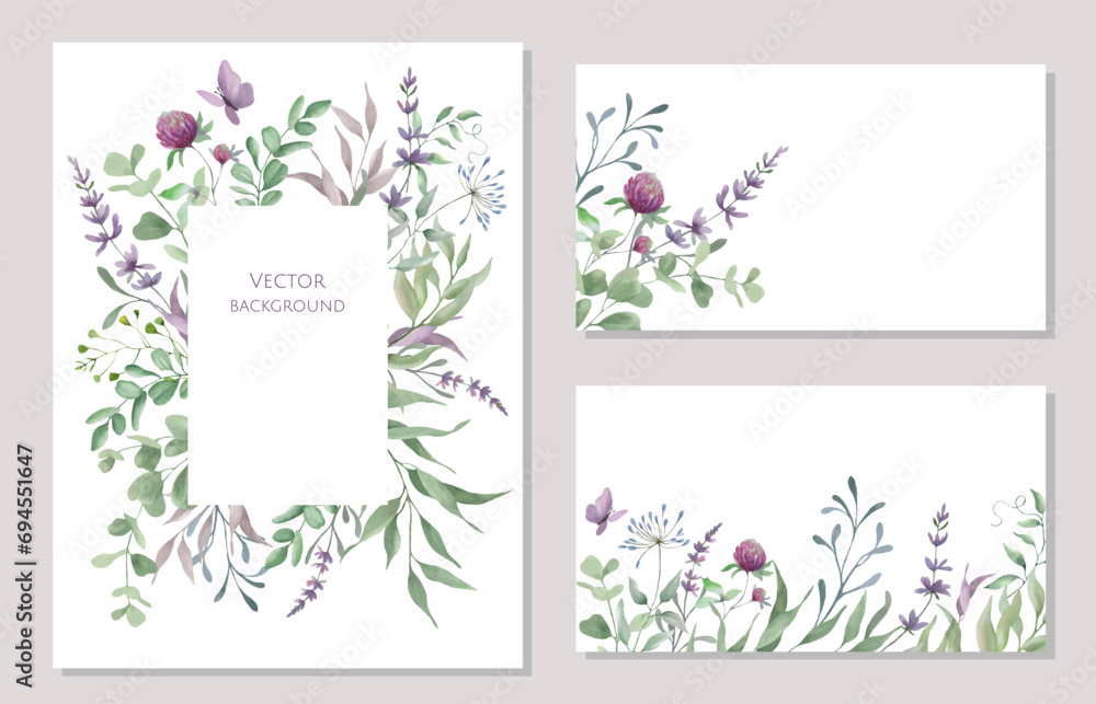 Watercolor floral background set, template layout design for invite card, posters, banners. Hand drawn illustration. Vector EPS.
