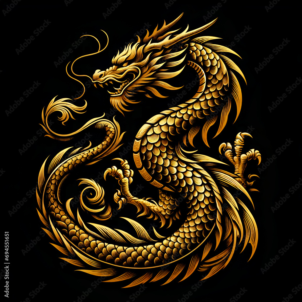 Fototapeta premium Illustration of Golden Chinese Dragon on Black Background