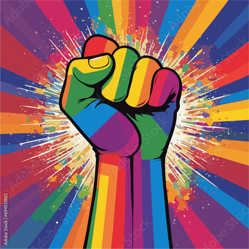 Vector lgbt fist in rainbow colors on background of firework and color stripes. Lgbt hand. Colored fingers in fist. Symbol of mutual support. Cartoon print for t-shirt with elements of lgbt community.