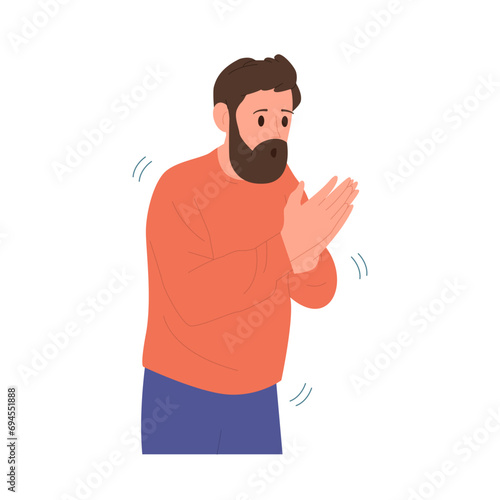Freezing man cartoon character rubbing hands blowing into palms trying to warm isolated on white