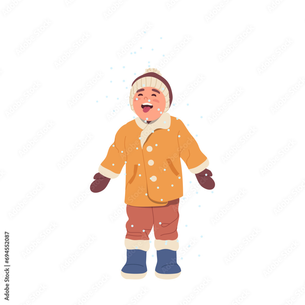 Happy cheerful preschool boy child with open mouth catching cold fresh snow falling from sky Happy cheerful preschool boy child with open mouth catching cold fresh snow falling from sky