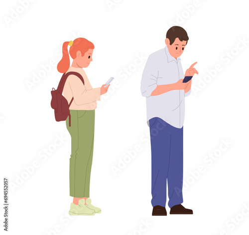People cartoon characters using smartphone digital device while waiting next turn standing in queue