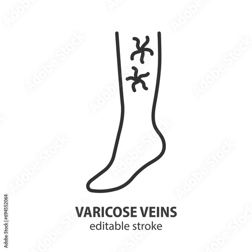 Varicose veins line icon. Leg veins thrombosis disease vector sign. Spider veins. Editable stroke.