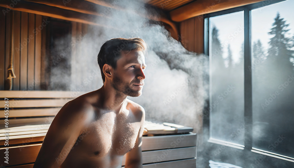 uomo nordico in sauna  - obrazy, fototapety, plakaty 