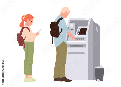 People characters queue at atm with man withdrawing money, young schoolgirl waiting for next turn