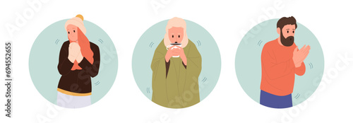 Isolated round composition set with upset unhappy people trembling and shivering from cold