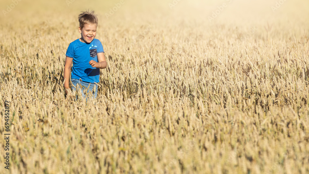A happy, healthy, smiling child is wading in golden wheat field lit by the summer sun. The photo is suitable as a banner, there is free space for text A happy, healthy, smiling child is wading in golden wheat field lit by the summer sun. The photo is suitable as a banner, there is free space for text