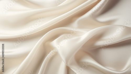 Abstract monochrome luxurious fabric background. Beautiful background luxury cloth with drapery and wavy folds of ivory color creased smooth silk satin material texture photo