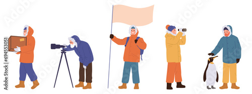 Polar explorers scientists carrying wooden box, caring arctic animals, looking through binocular