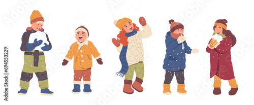 Children cartoon characters eating snow, licking icicle and snowball, catching snowflake with mouth